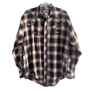 ROCKMOUNT RANCH WEAR Men's size M Brown Plaid Snap Button Western Wear Guitar